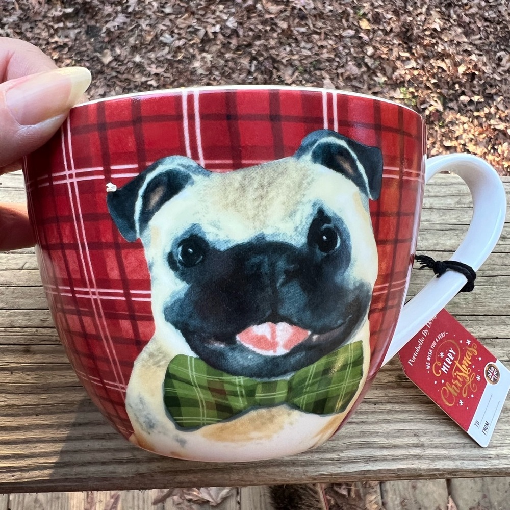 PORTOBELLO BY DESIGN Pug Plaid Christmas Mug NWT